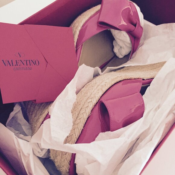 Valentino Mena Bow Hot Pink Patent Leather Wedge Espadrille Slide Sandal - Picture 8 of 10